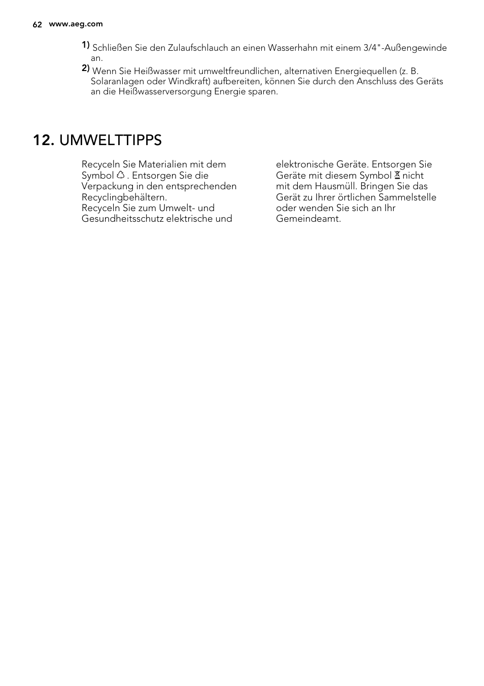 Umwelttipps | AEG F55002VI0P User Manual | Page 62 / 64