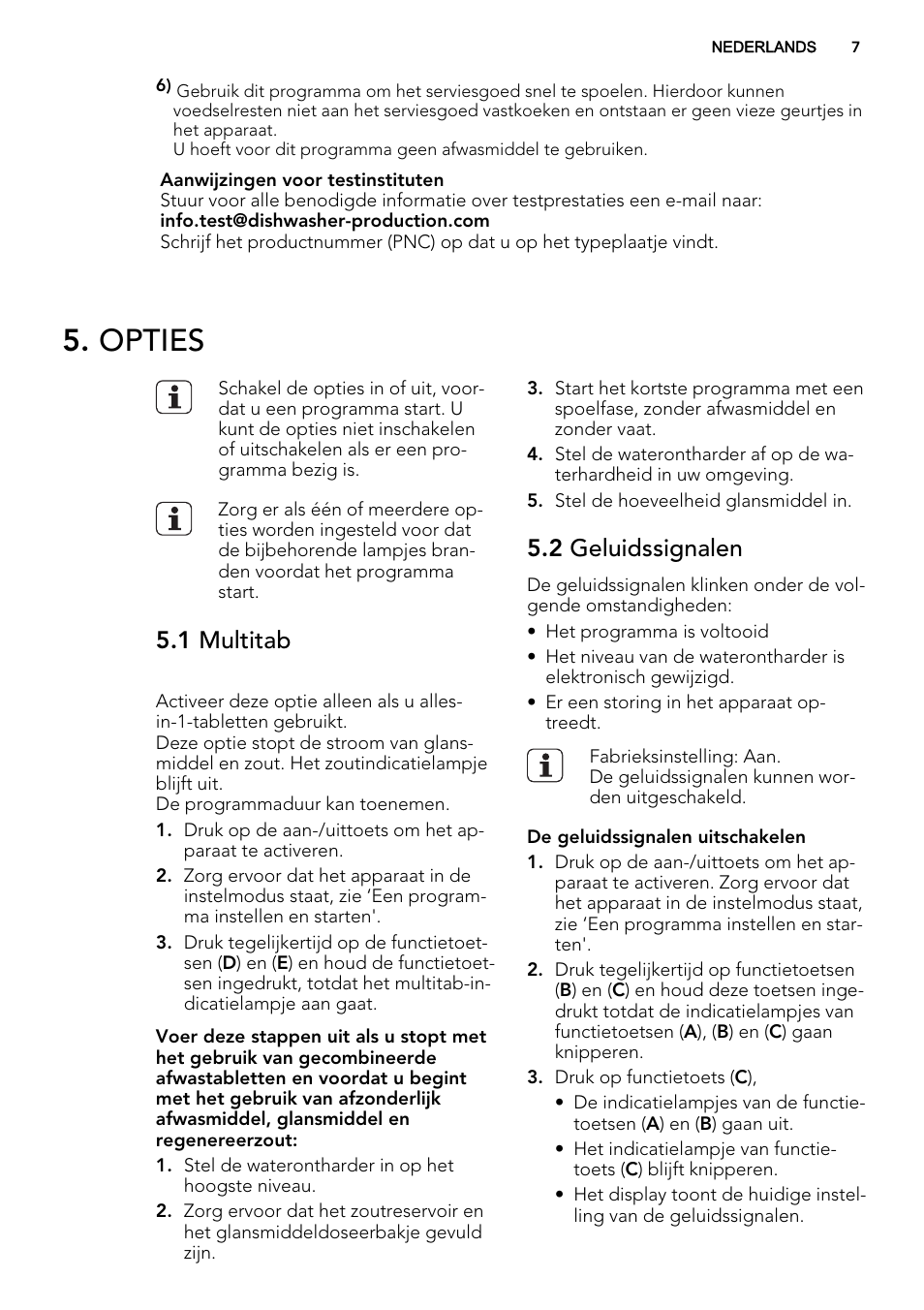 Opties, 1 multitab, 2 geluidssignalen | AEG F55002VI0P User Manual | Page 7 / 64