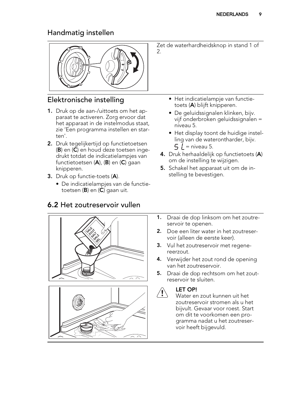 Handmatig instellen, Elektronische instelling, 2 het zoutreservoir vullen | AEG F55002VI0P User Manual | Page 9 / 64