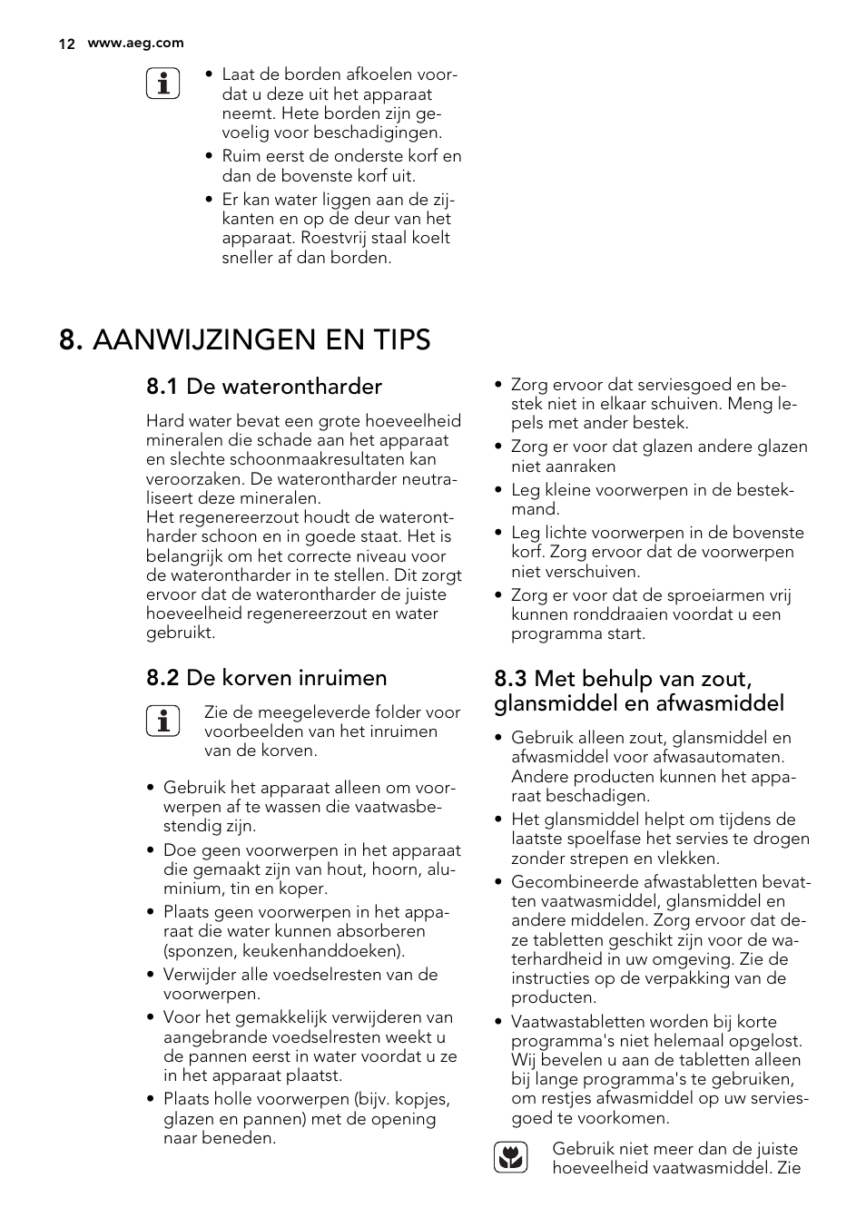 Aanwijzingen en tips, 1 de waterontharder, 2 de korven inruimen | 3 met behulp van zout, glansmiddel en afwasmiddel | AEG F55000 VI0P User Manual | Page 12 / 64