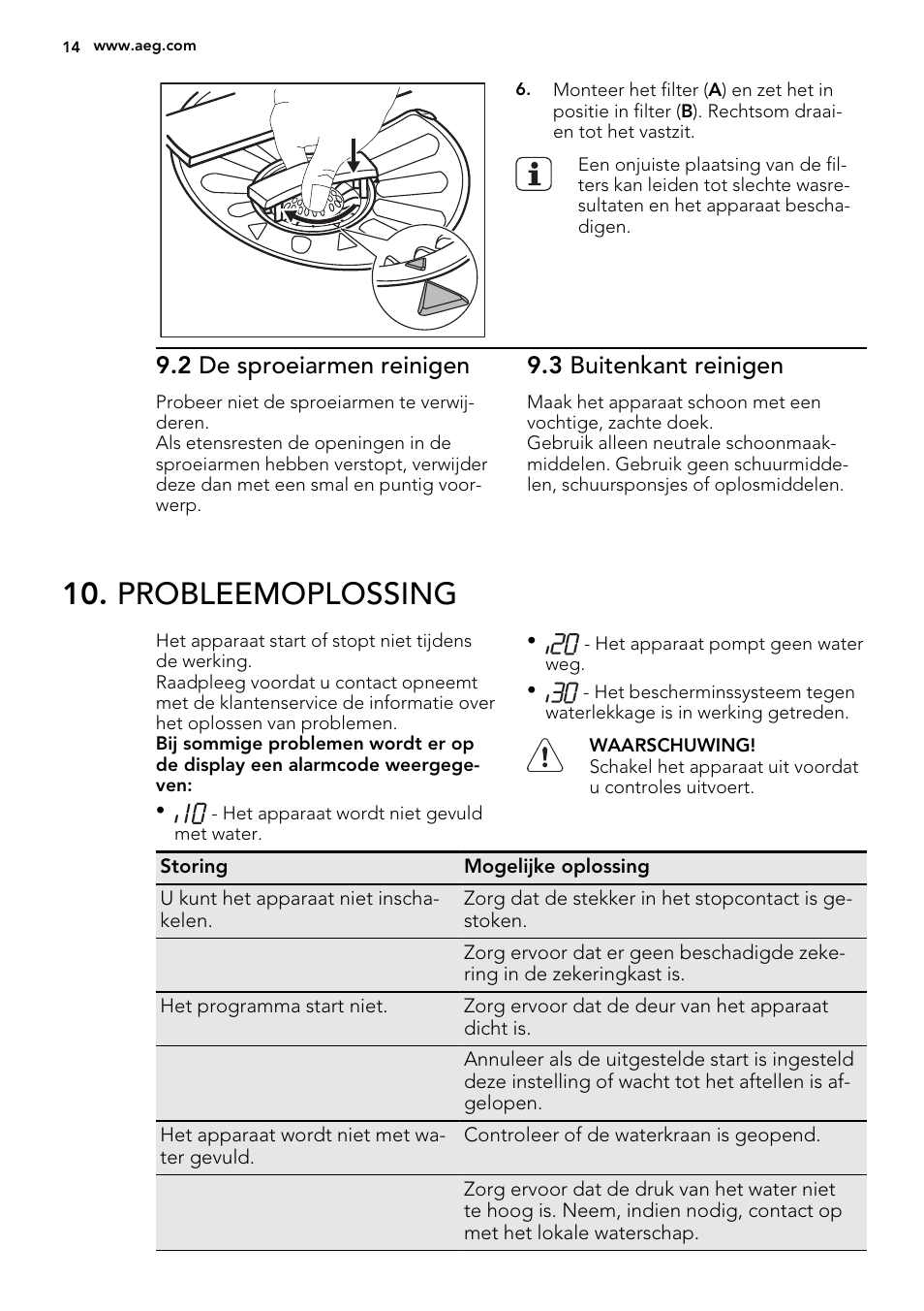 Probleemoplossing, 2 de sproeiarmen reinigen, 3 buitenkant reinigen | AEG F55000 VI0P User Manual | Page 14 / 64