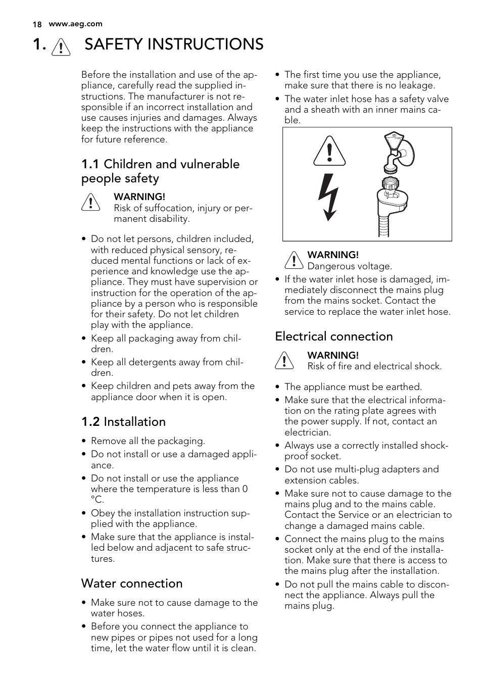 Safety instructions, 1 children and vulnerable people safety, 2 installation | Water connection, Electrical connection | AEG F55000 VI0P User Manual | Page 18 / 64
