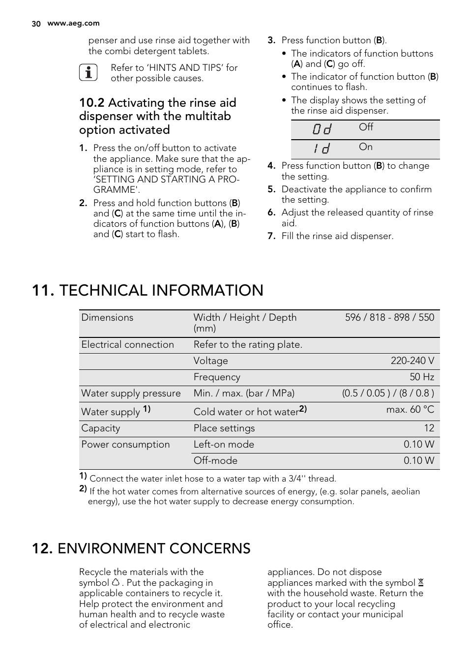 Technical information, Environment concerns | AEG F55000 VI0P User Manual | Page 30 / 64