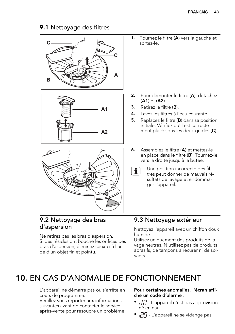 En cas d'anomalie de fonctionnement, 1 nettoyage des filtres, 2 nettoyage des bras d'aspersion | 3 nettoyage extérieur | AEG F55000 VI0P User Manual | Page 43 / 64