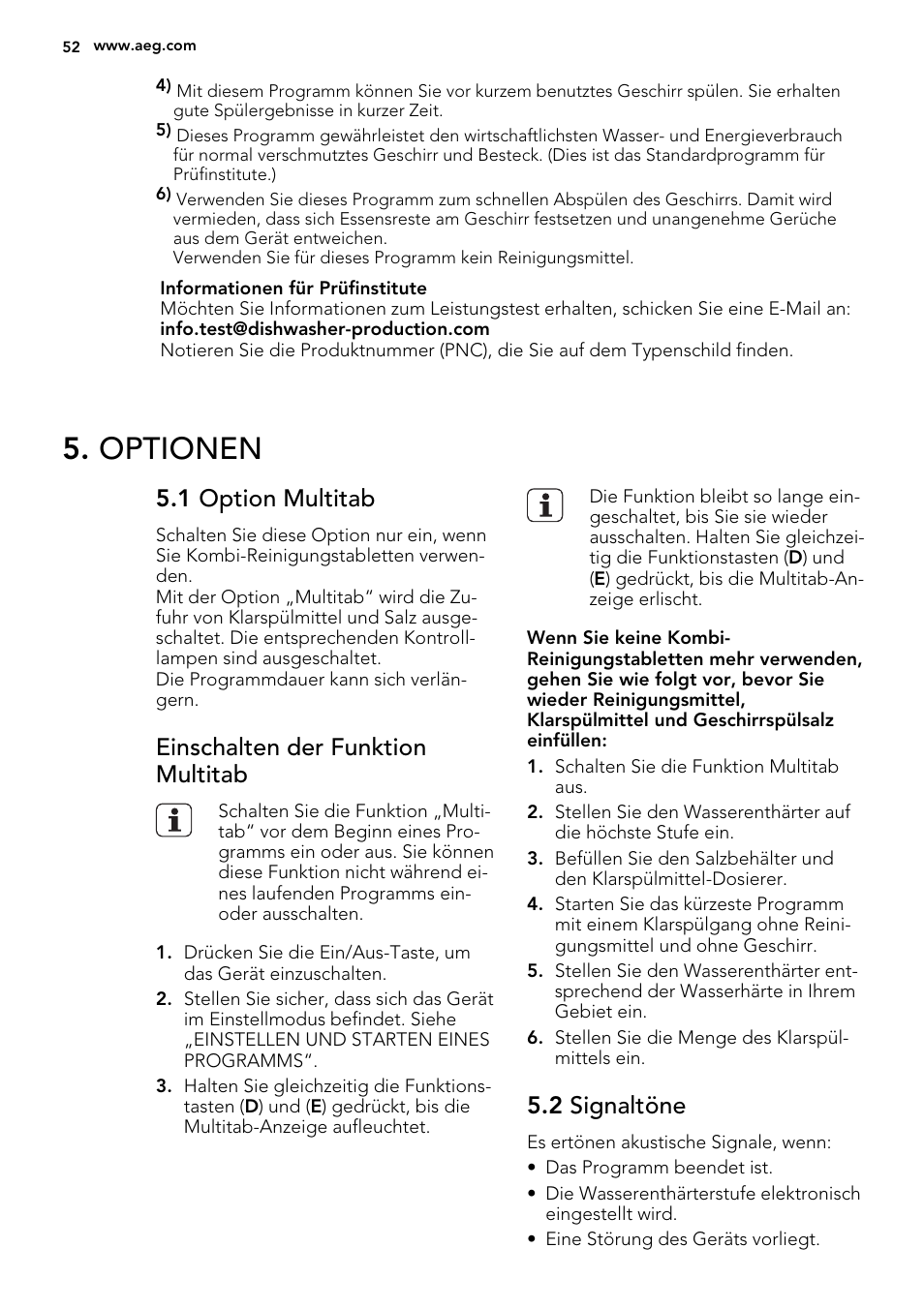 Optionen, 1 option multitab, Einschalten der funktion multitab | 2 signaltöne | AEG F55000 VI0P User Manual | Page 52 / 64