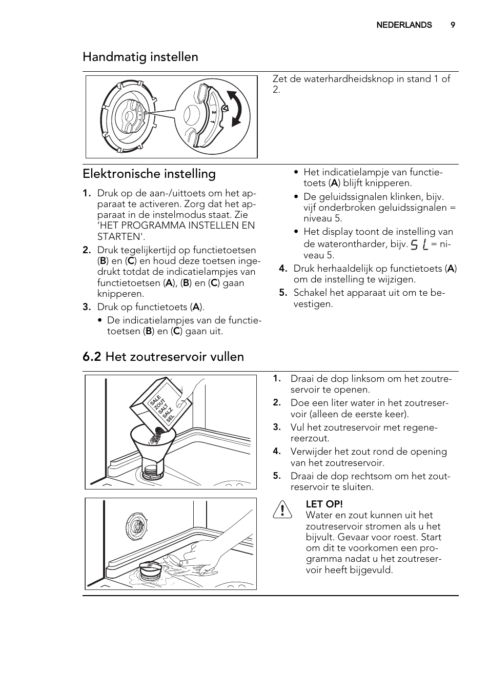 Handmatig instellen, Elektronische instelling, 2 het zoutreservoir vullen | AEG F55000 VI0P User Manual | Page 9 / 64
