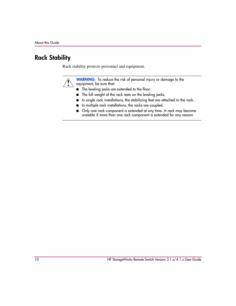 Rack stability | HP StorageWorks MSA 2.8 SAN Switch User Manual | Page 10 / 22