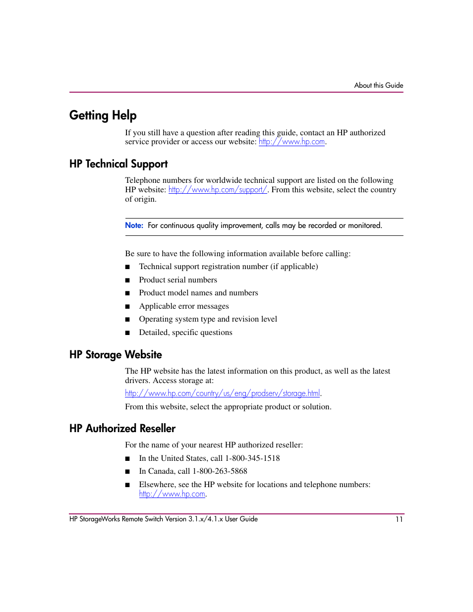 Getting help, Hp technical support, Hp storage website | Hp authorized reseller | HP StorageWorks MSA 2.8 SAN Switch User Manual | Page 11 / 22