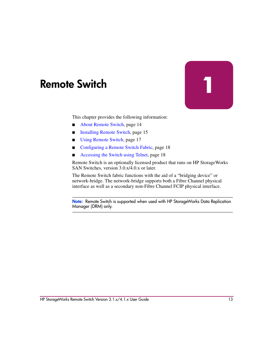 Remote switch, 1 remote switch | HP StorageWorks MSA 2.8 SAN Switch User Manual | Page 13 / 22
