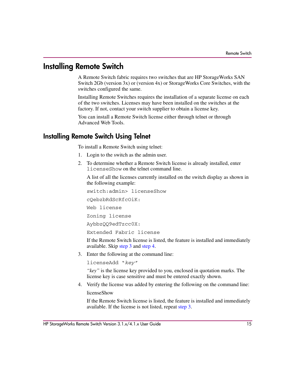 Installing remote switch, Installing remote switch using telnet | HP StorageWorks MSA 2.8 SAN Switch User Manual | Page 15 / 22