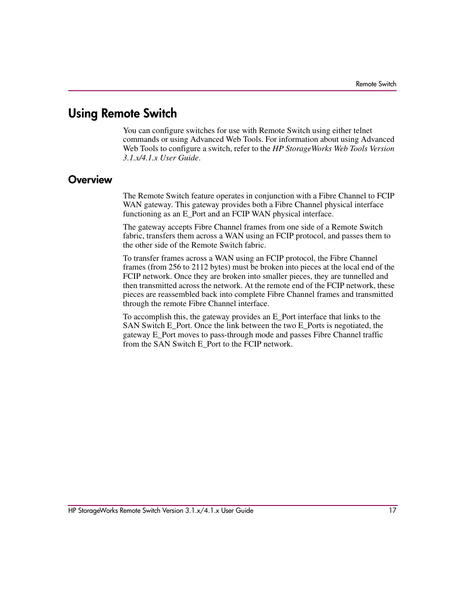 Using remote switch, Overview | HP StorageWorks MSA 2.8 SAN Switch User Manual | Page 17 / 22