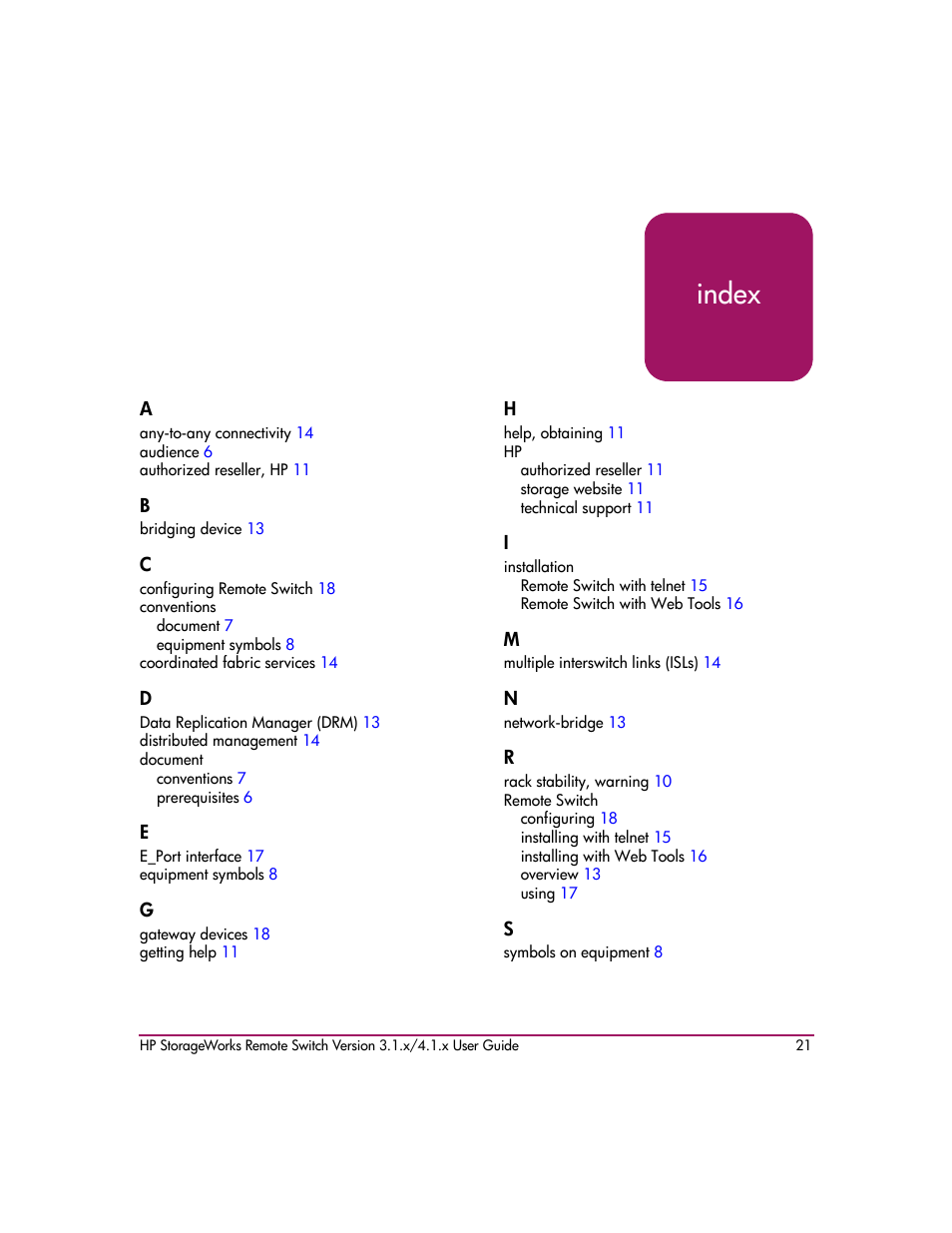 Index, Index index | HP StorageWorks MSA 2.8 SAN Switch User Manual | Page 21 / 22