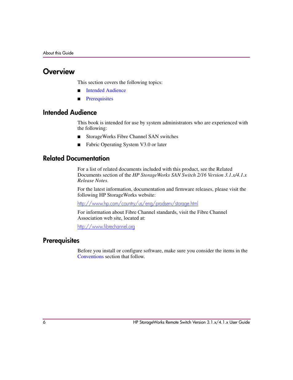 Overview, Intended audience, Related documentation | Prerequisites | HP StorageWorks MSA 2.8 SAN Switch User Manual | Page 6 / 22