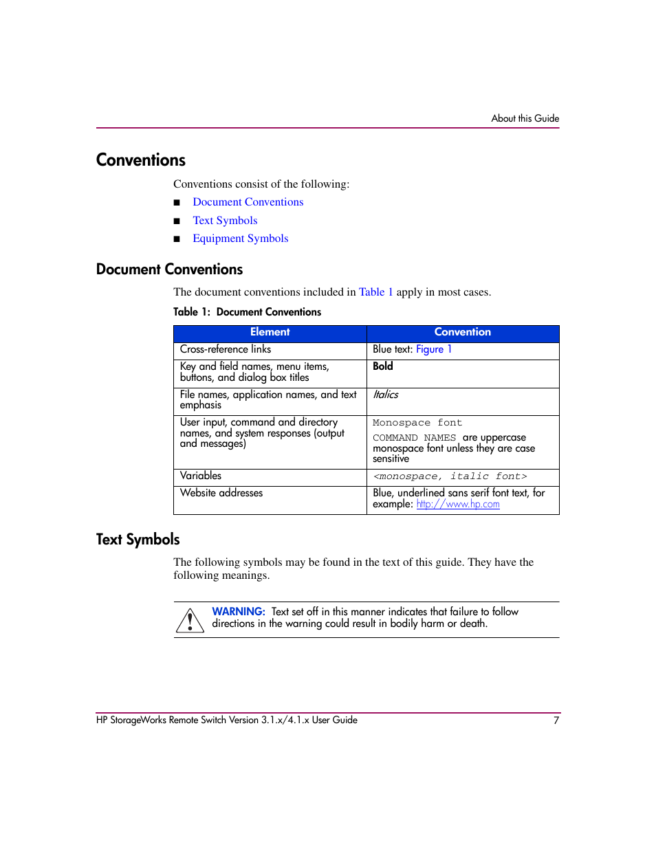 Conventions, Document conventions, Table 1: document conventions | Text symbols, Document conventions text symbols | HP StorageWorks MSA 2.8 SAN Switch User Manual | Page 7 / 22