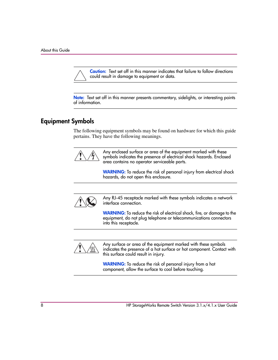 Equipment symbols | HP StorageWorks MSA 2.8 SAN Switch User Manual | Page 8 / 22