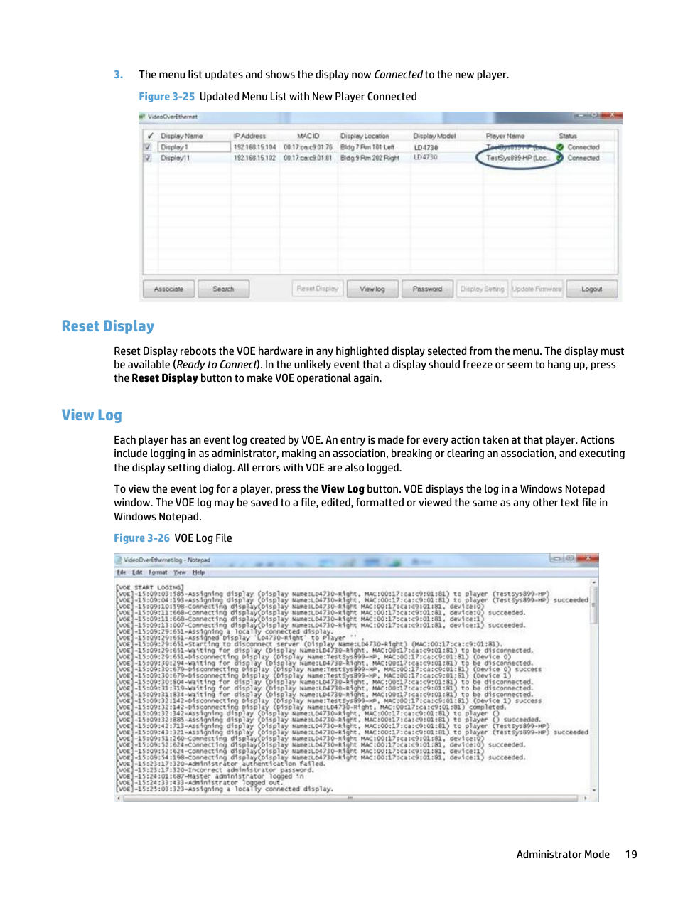 Reset display, View log, Reset display view log | HP LD4730 47-inch Micro-Bezel Video Wall Display User Manual | Page 23 / 39