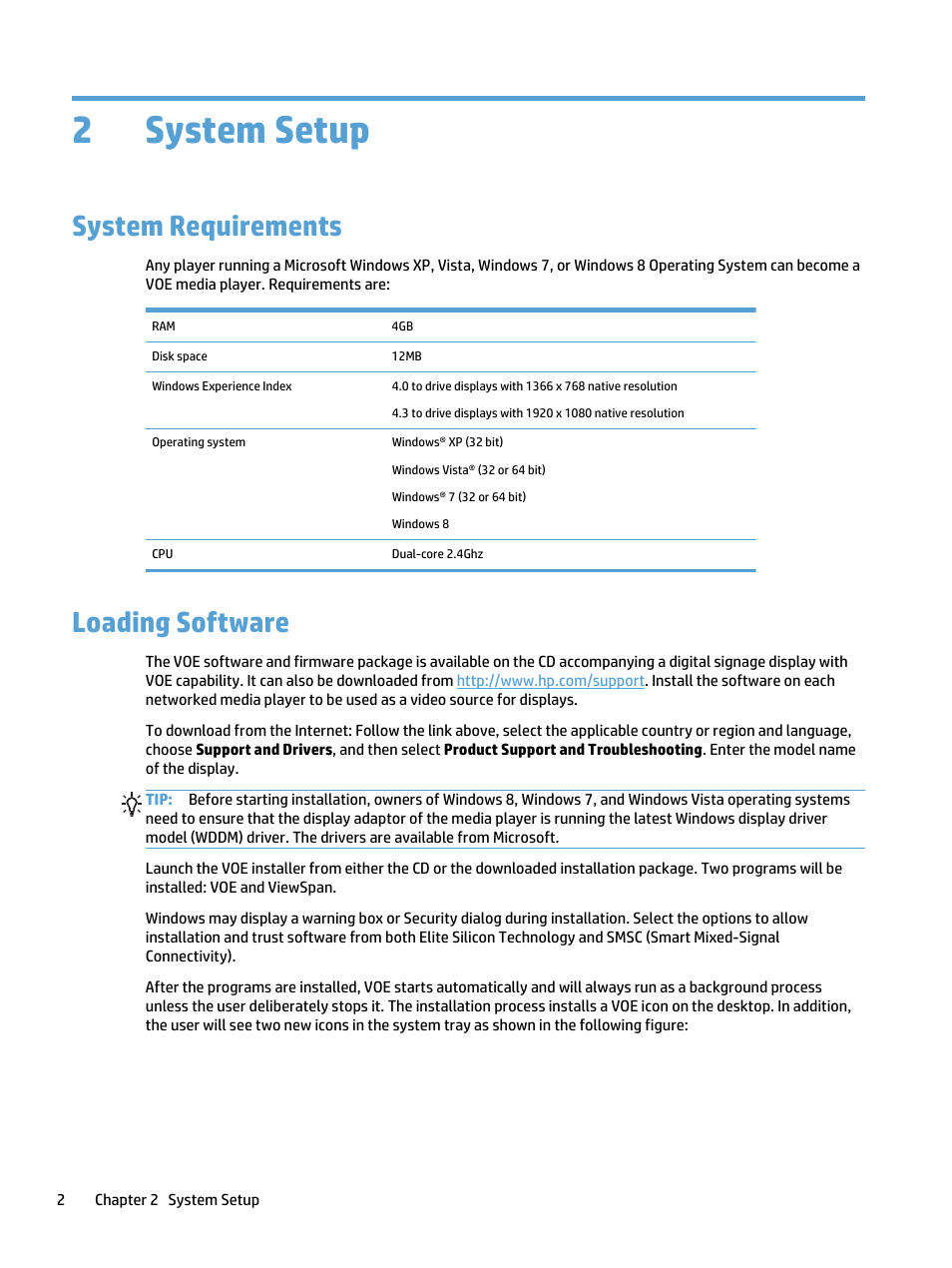 System setup, System requirements, Loading software | 2 system setup, System requirements loading software, 2system setup | HP LD4730 47-inch Micro-Bezel Video Wall Display User Manual | Page 6 / 39