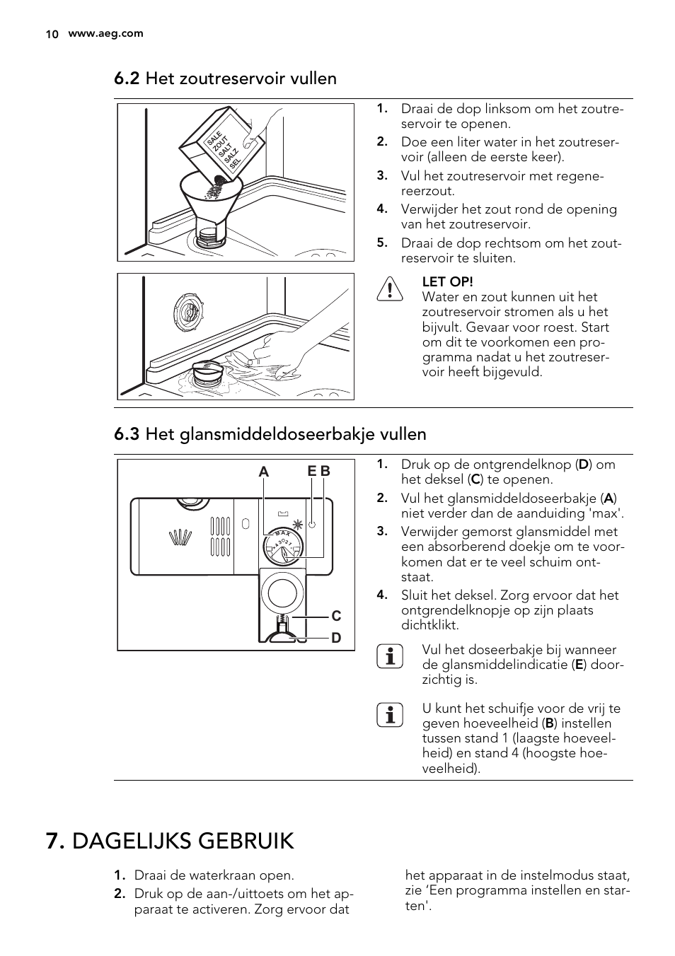 Dagelijks gebruik, 2 het zoutreservoir vullen, 3 het glansmiddeldoseerbakje vullen | AEG F45020VI1P User Manual | Page 10 / 72