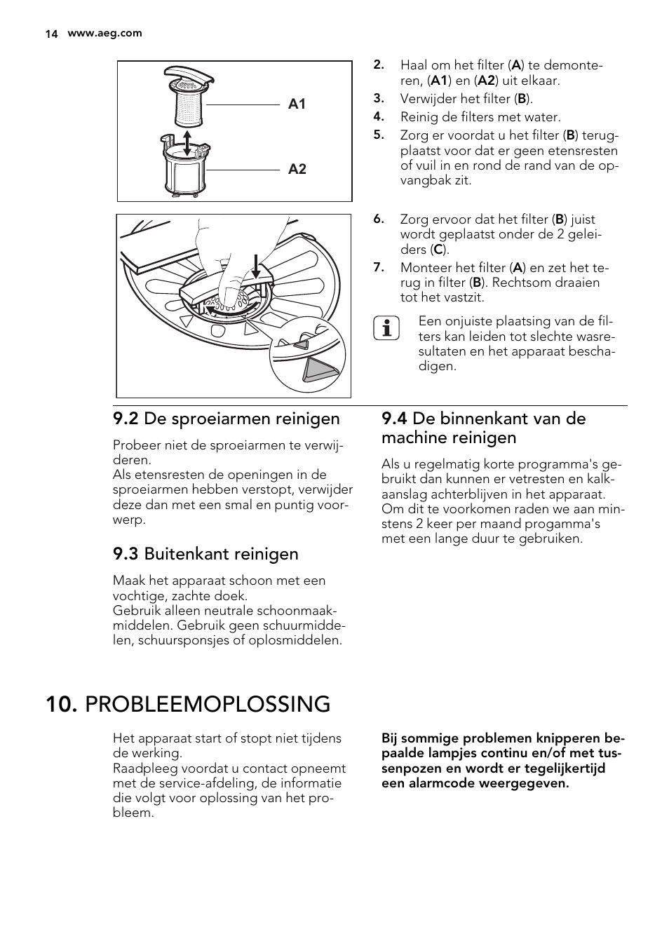 Probleemoplossing, 2 de sproeiarmen reinigen, 3 buitenkant reinigen | 4 de binnenkant van de machine reinigen | AEG F45020VI1P User Manual | Page 14 / 72