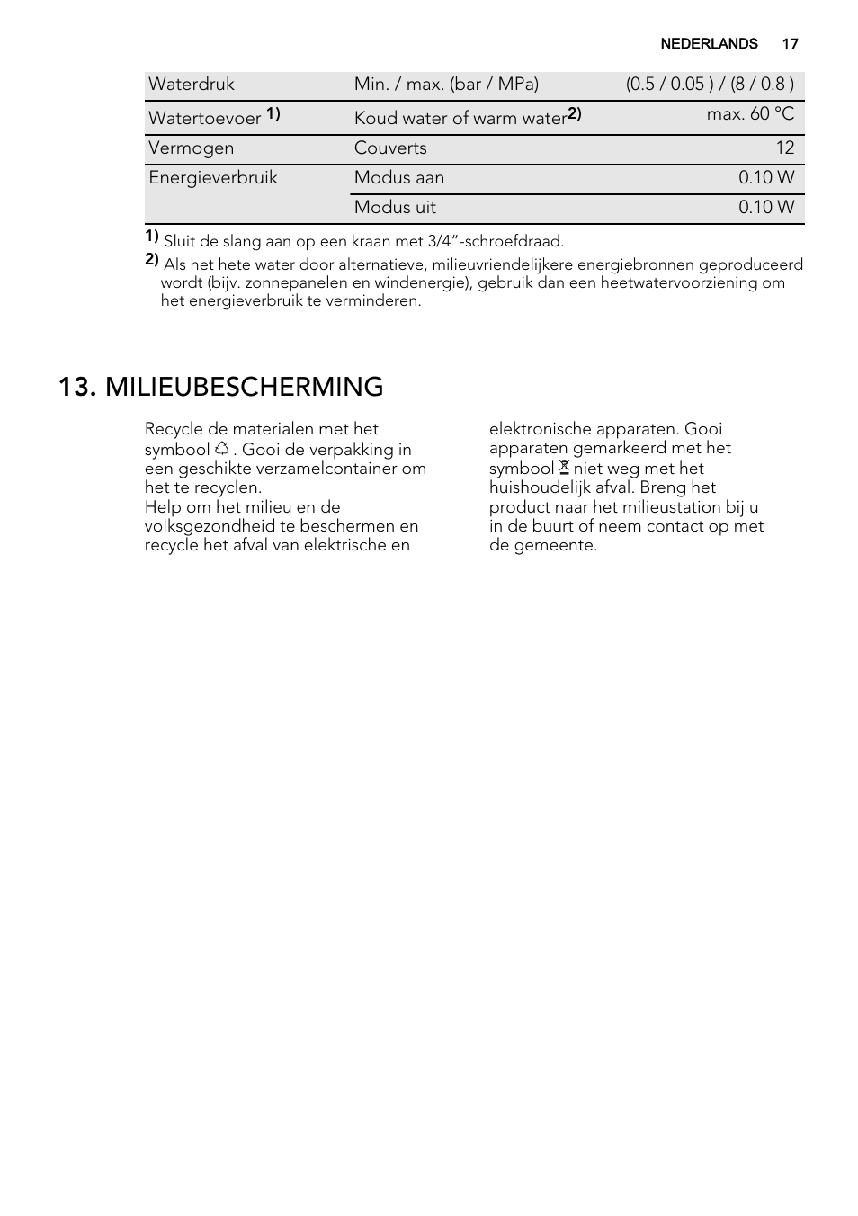 Milieubescherming | AEG F45020VI1P User Manual | Page 17 / 72