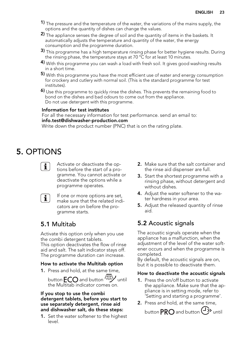 Options, 1 multitab, 2 acoustic signals | AEG F45020VI1P User Manual | Page 23 / 72