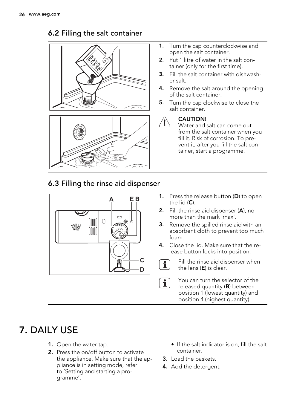 Daily use, 2 filling the salt container, 3 filling the rinse aid dispenser | AEG F45020VI1P User Manual | Page 26 / 72