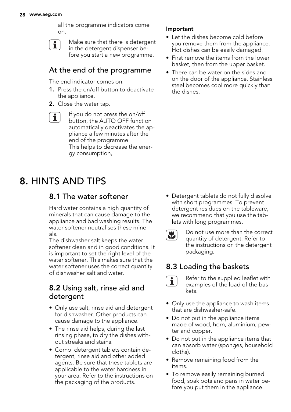 Hints and tips, At the end of the programme, 1 the water softener | 2 using salt, rinse aid and detergent, 3 loading the baskets | AEG F45020VI1P User Manual | Page 28 / 72