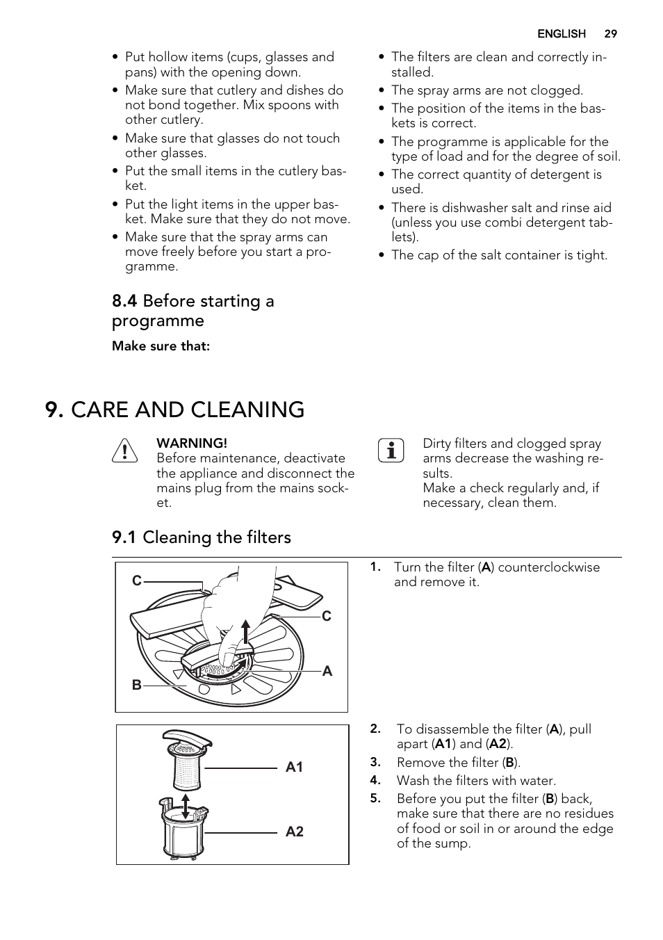Care and cleaning, 4 before starting a programme, 1 cleaning the filters | AEG F45020VI1P User Manual | Page 29 / 72