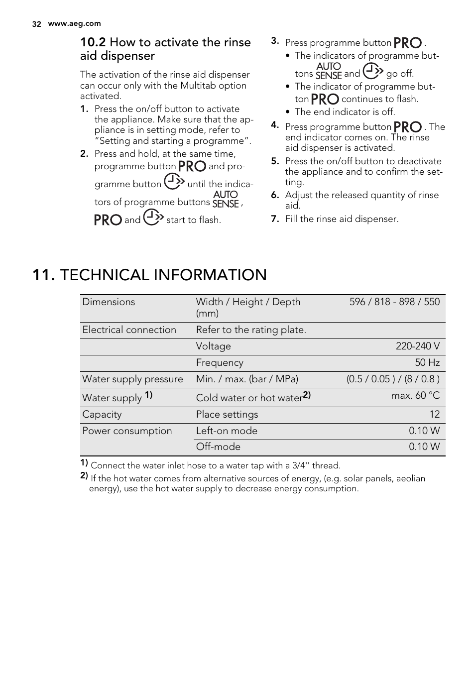 Technical information, 2 how to activate the rinse aid dispenser | AEG F45020VI1P User Manual | Page 32 / 72