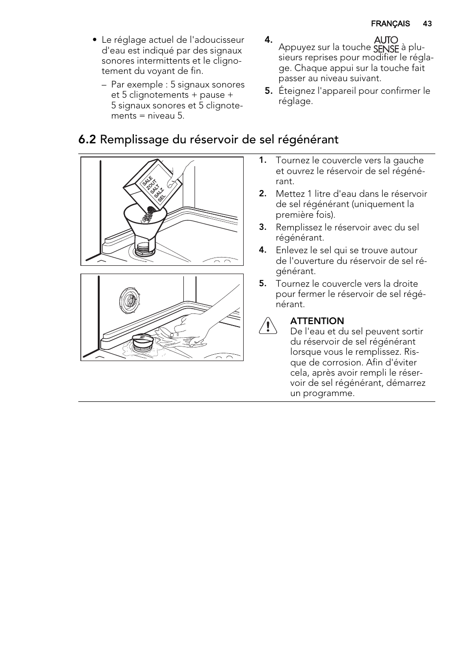 2 remplissage du réservoir de sel régénérant | AEG F45020VI1P User Manual | Page 43 / 72