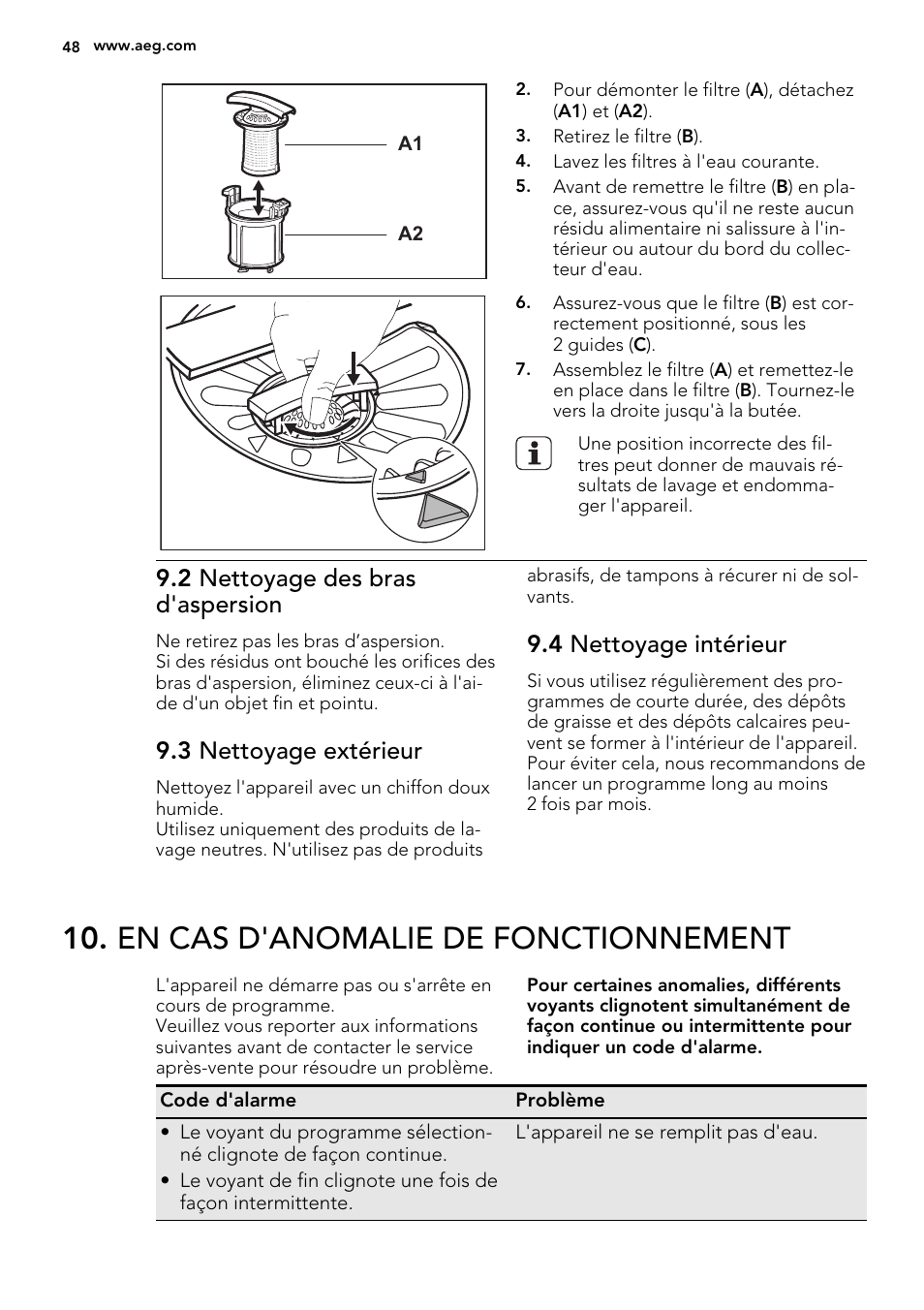En cas d'anomalie de fonctionnement, 2 nettoyage des bras d'aspersion, 3 nettoyage extérieur | 4 nettoyage intérieur | AEG F45020VI1P User Manual | Page 48 / 72