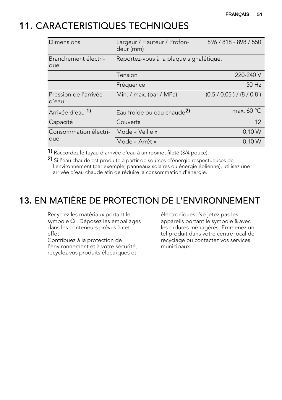 Caracteristiques techniques, En matière de protection de l'environnement | AEG F45020VI1P User Manual | Page 51 / 72