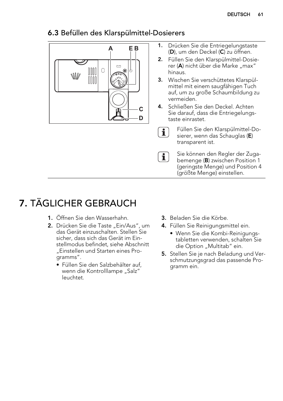 Täglicher gebrauch, 3 befüllen des klarspülmittel-dosierers | AEG F45020VI1P User Manual | Page 61 / 72