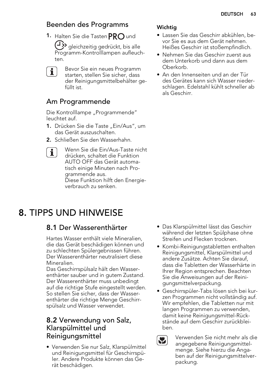 Tipps und hinweise, Beenden des programms, Am programmende | 1 der wasserenthärter | AEG F45020VI1P User Manual | Page 63 / 72