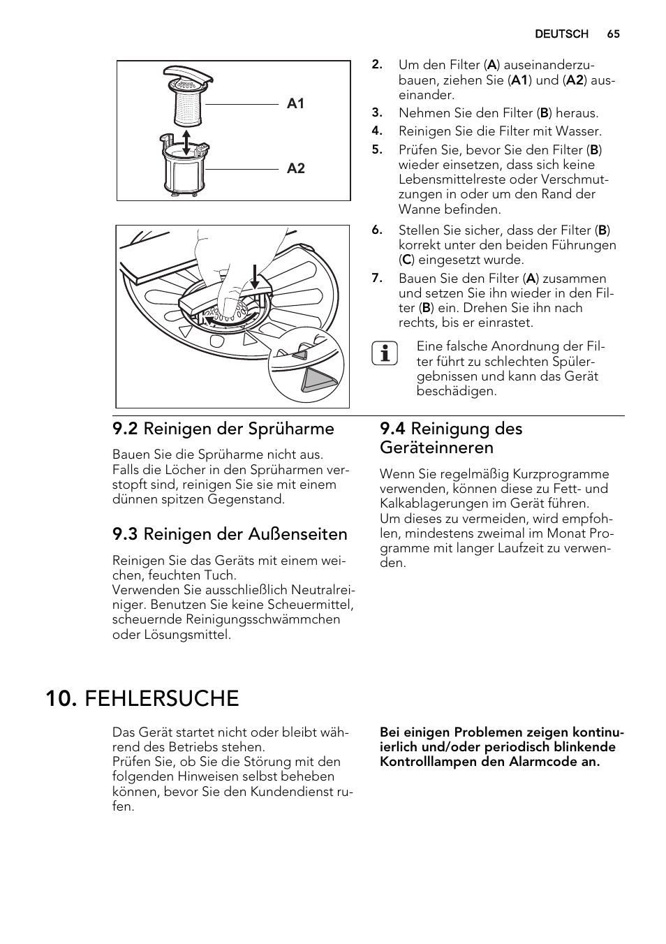 Fehlersuche, 2 reinigen der sprüharme, 3 reinigen der außenseiten | 4 reinigung des geräteinneren | AEG F45020VI1P User Manual | Page 65 / 72