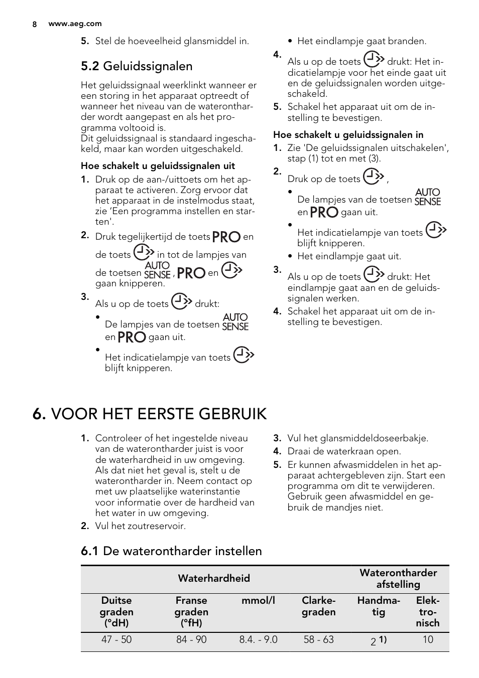 Voor het eerste gebruik, 2 geluidssignalen, 1 de waterontharder instellen | AEG F45020VI1P User Manual | Page 8 / 72