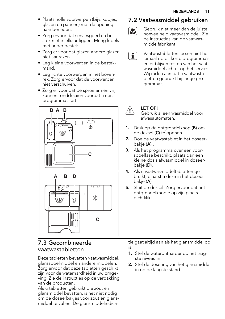 2 vaatwasmiddel gebruiken, 3 gecombineerde vaatwastabletten, A b d | Ad c | AEG F34030VI0 User Manual | Page 11 / 68