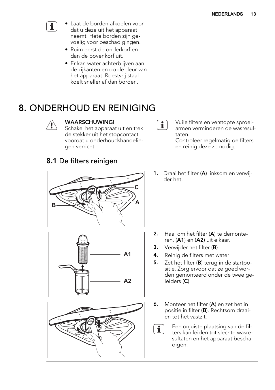 Onderhoud en reiniging, 1 de filters reinigen | AEG F34030VI0 User Manual | Page 13 / 68