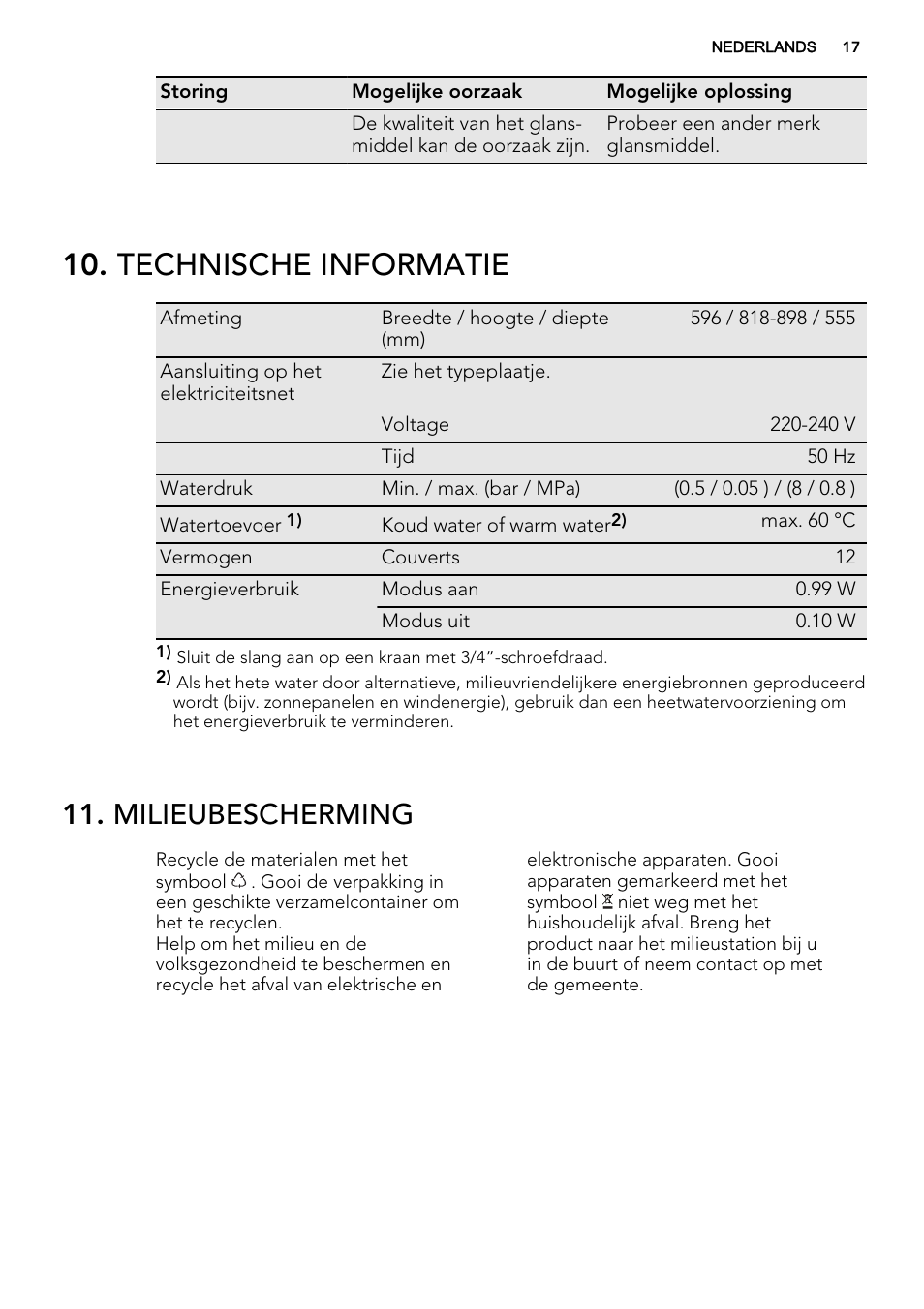 Technische informatie, Milieubescherming | AEG F34030VI0 User Manual | Page 17 / 68