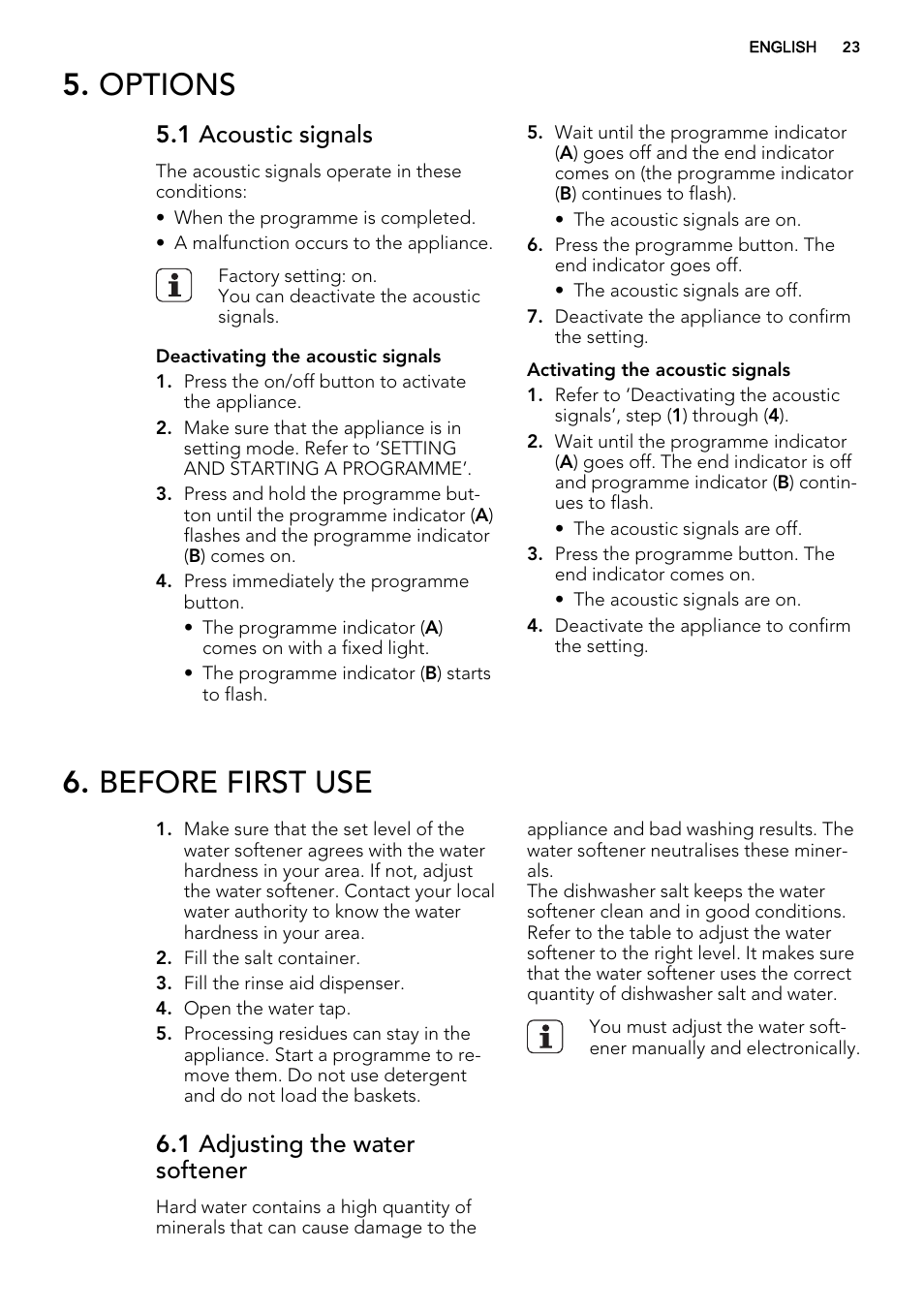 Options, Before first use, 1 acoustic signals | 1 adjusting the water softener | AEG F34030VI0 User Manual | Page 23 / 68