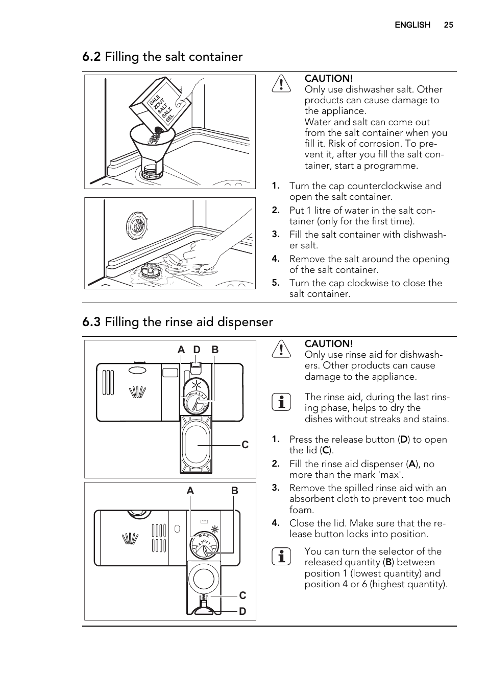 2 filling the salt container, 3 filling the rinse aid dispenser | AEG F34030VI0 User Manual | Page 25 / 68