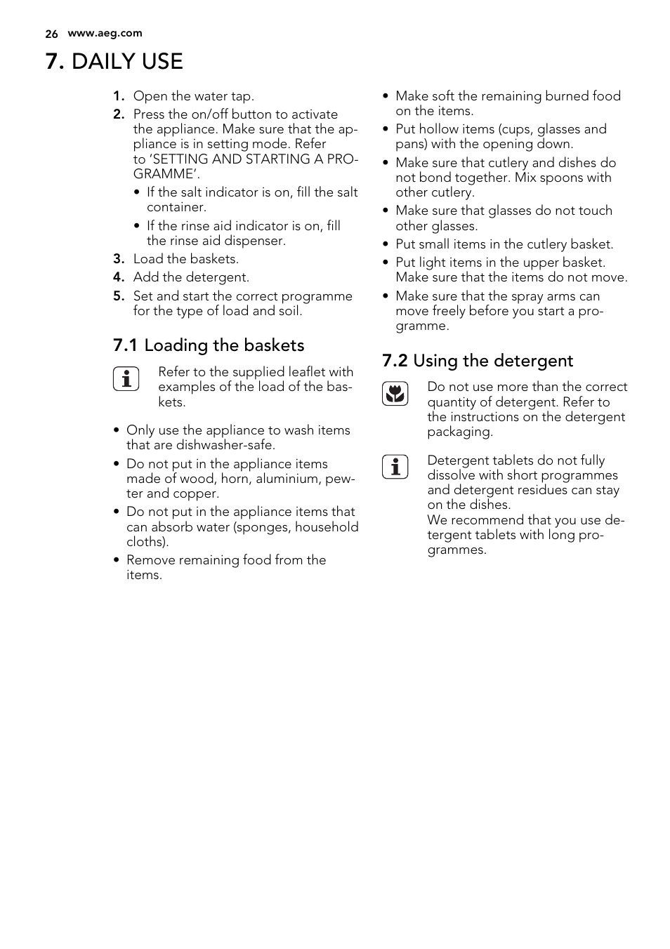 Daily use, 1 loading the baskets, 2 using the detergent | AEG F34030VI0 User Manual | Page 26 / 68