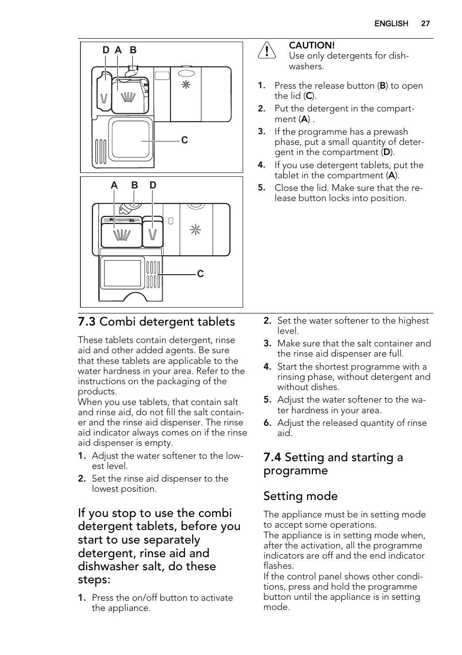 3 combi detergent tablets, 4 setting and starting a programme setting mode, A b d | Ad c | AEG F34030VI0 User Manual | Page 27 / 68