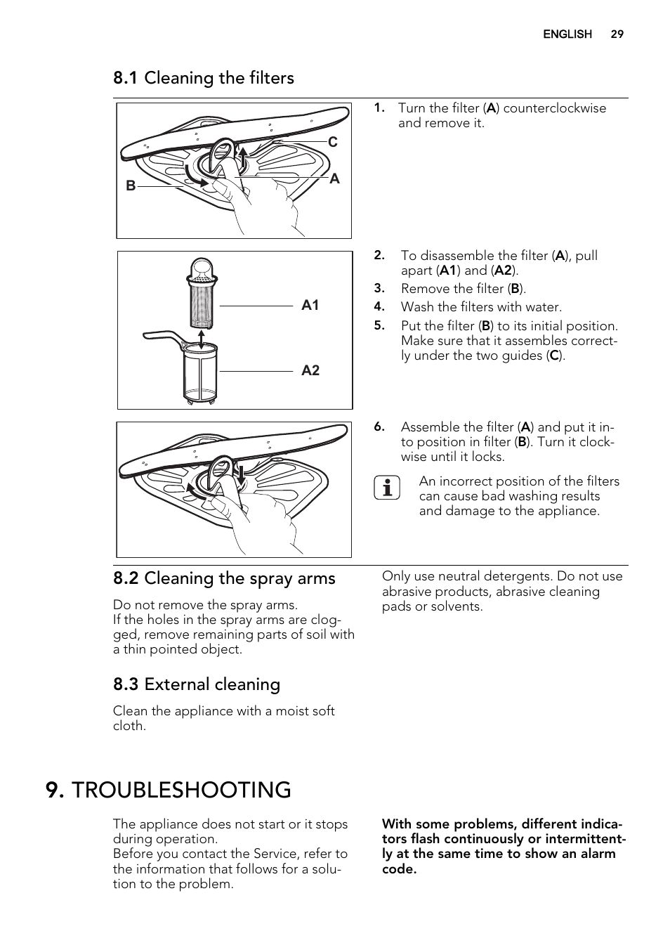 Troubleshooting, 1 cleaning the filters, 2 cleaning the spray arms | 3 external cleaning | AEG F34030VI0 User Manual | Page 29 / 68