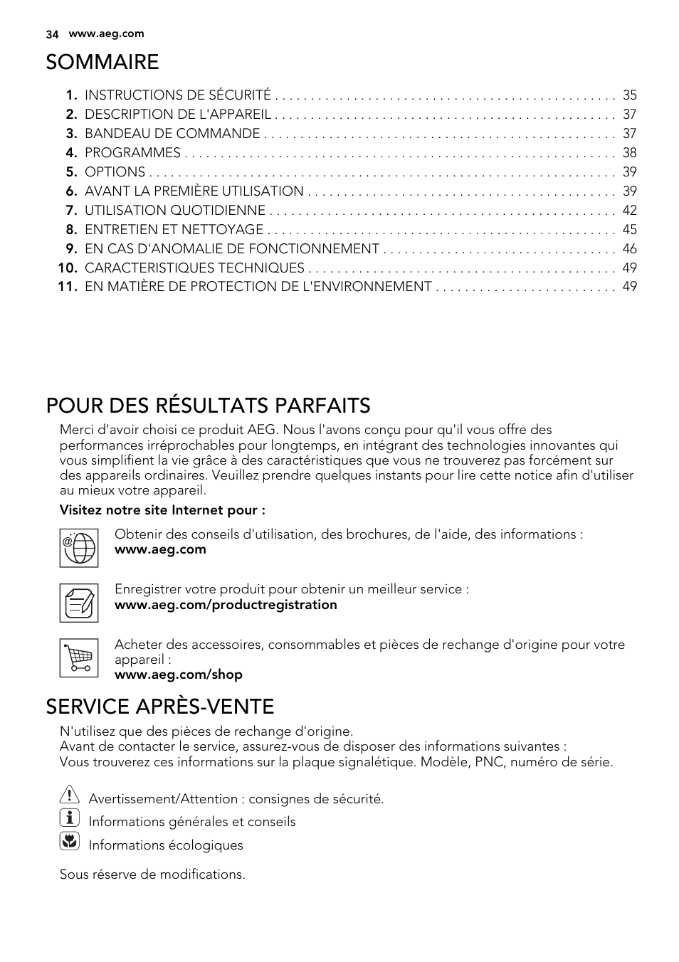 Sommaire, Pour des résultats parfaits, Service après-vente | AEG F34030VI0 User Manual | Page 34 / 68