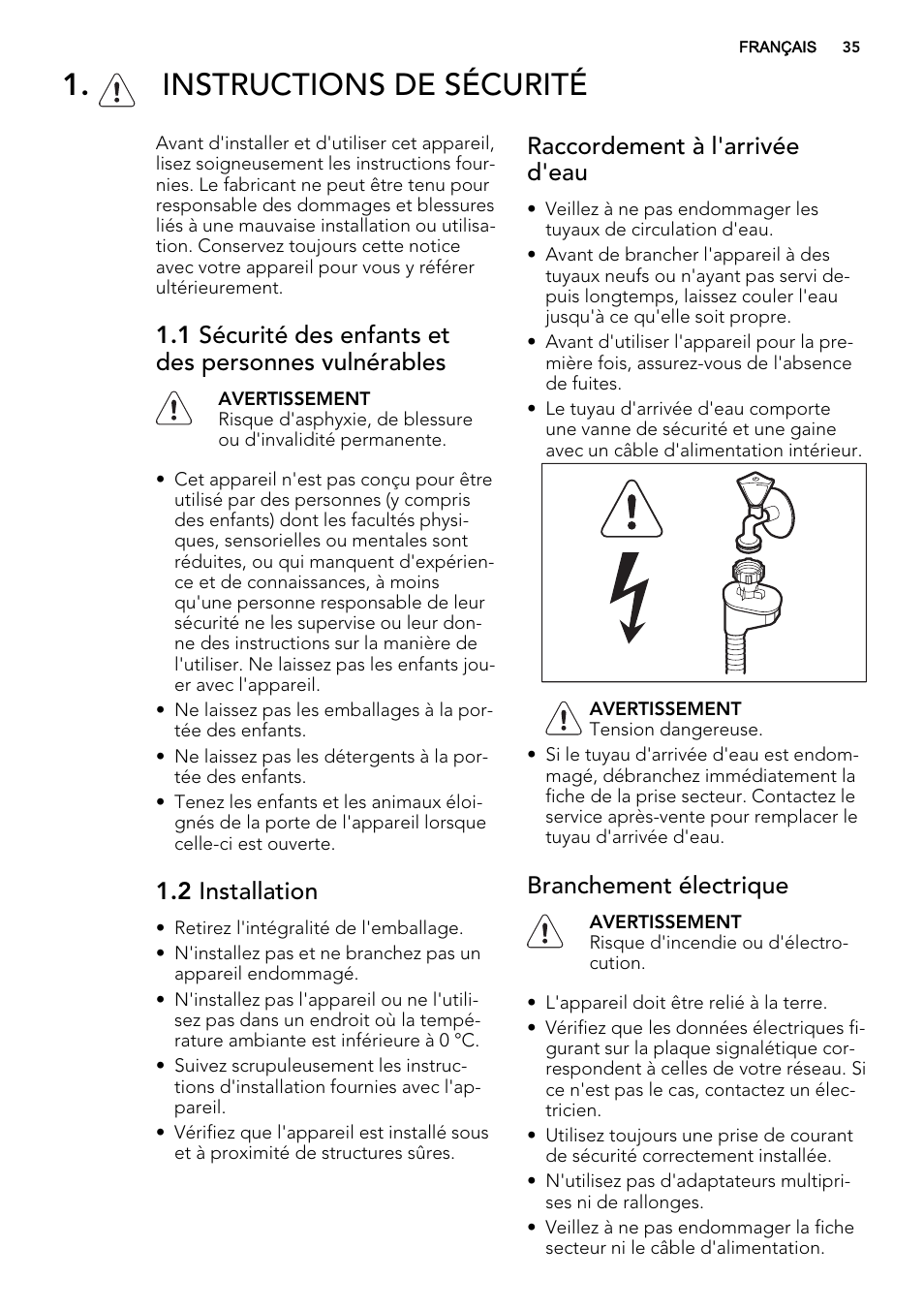 Instructions de sécurité, 2 installation, Raccordement à l'arrivée d'eau | Branchement électrique | AEG F34030VI0 User Manual | Page 35 / 68