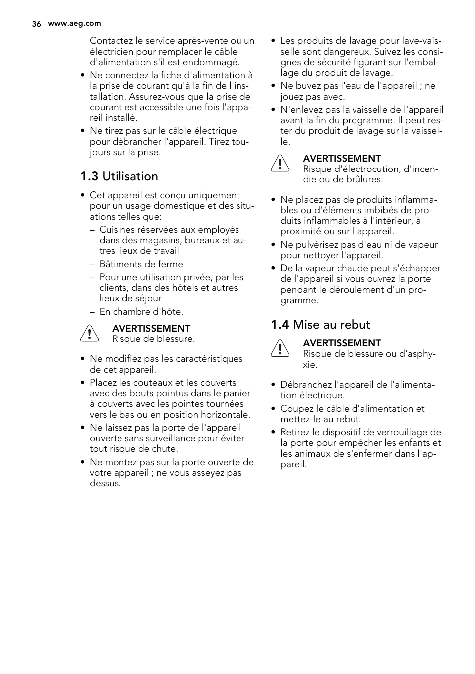 3 utilisation, 4 mise au rebut | AEG F34030VI0 User Manual | Page 36 / 68