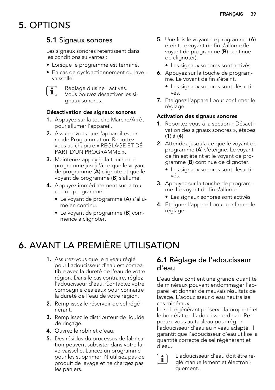 Options, Avant la première utilisation, 1 signaux sonores | 1 réglage de l'adoucisseur d'eau | AEG F34030VI0 User Manual | Page 39 / 68