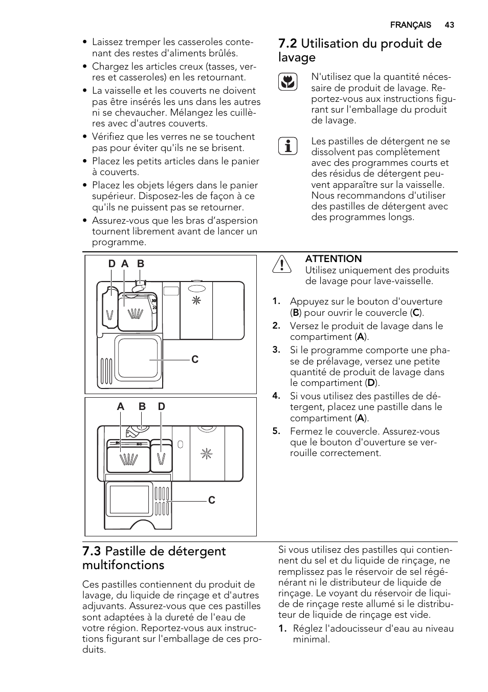 2 utilisation du produit de lavage, 3 pastille de détergent multifonctions, A b d | Ad c | AEG F34030VI0 User Manual | Page 43 / 68