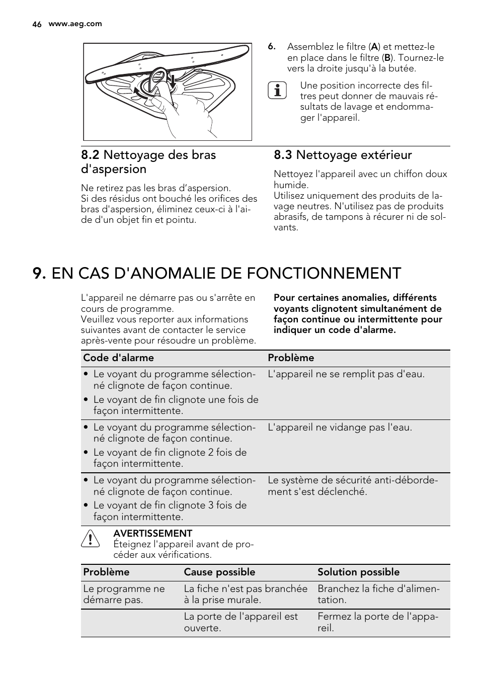 En cas d'anomalie de fonctionnement, 2 nettoyage des bras d'aspersion, 3 nettoyage extérieur | AEG F34030VI0 User Manual | Page 46 / 68